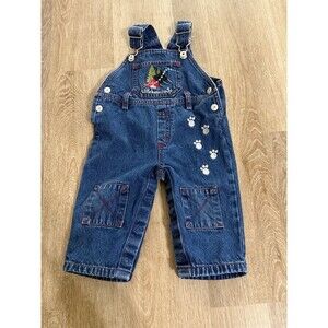 Vintage Y2K Little Bear Cabin Camping Baby Overalls 6-9 Months Blue Denim Cotton